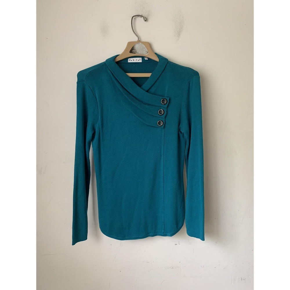 Habitat Womens Sweater XS Asymmetrical Lagenlook Minimal Spring Ribbed‎ Teal